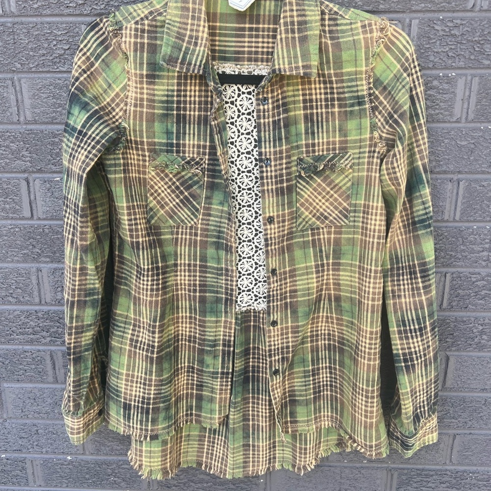 White Crow Plaid Shirt with Green and Brown and  lace detail